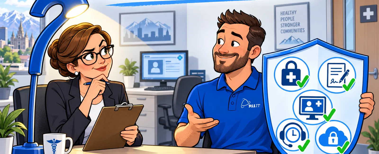 Man with shield showing verified icons talks to woman with clipboard under Ask Before You Hire text in office.