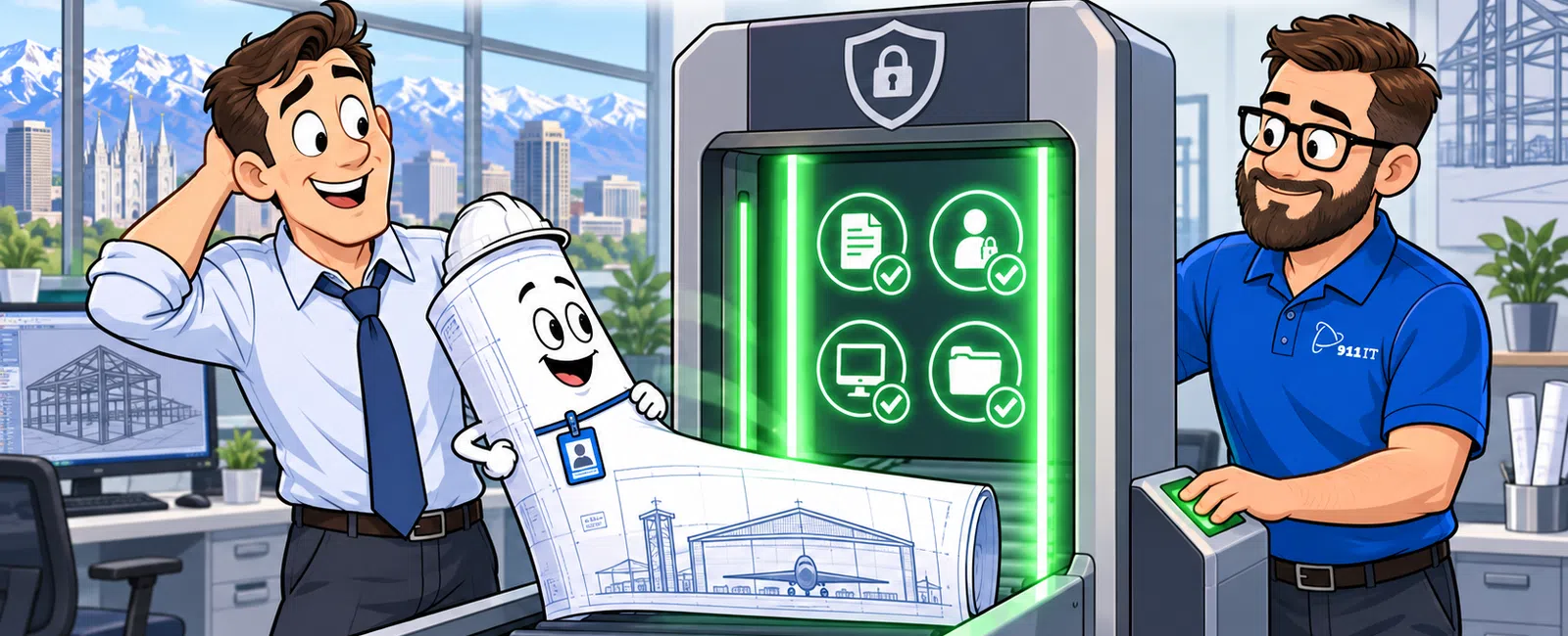 Cartoon of two men scanning blueprints with a secure CMMC machine highlighting security icons in a bright office.