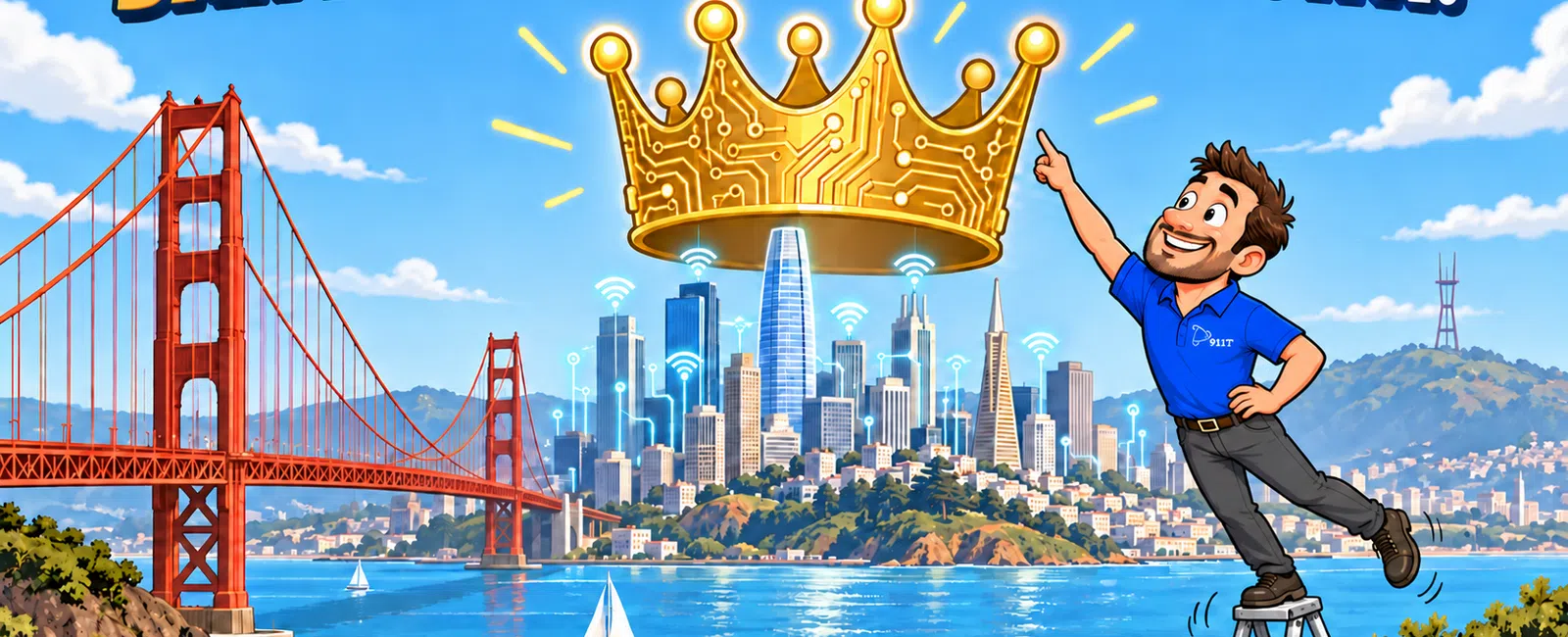 Cartoon of San Francisco skyline with Golden Gate Bridge, floating crown above city, and man pointing up from step stool.