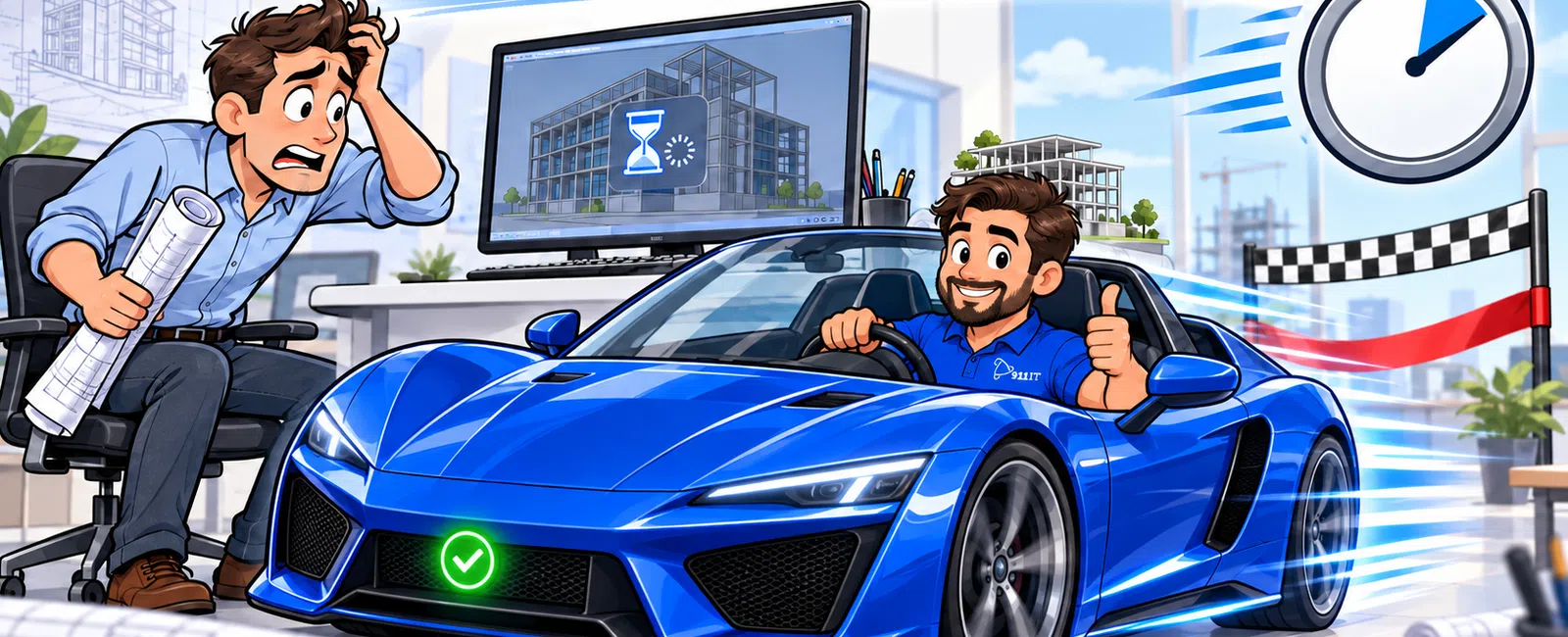 Deadline urgency illustrated by a stressed architect and a confident driver speeding a blue sports car with ticking clock.