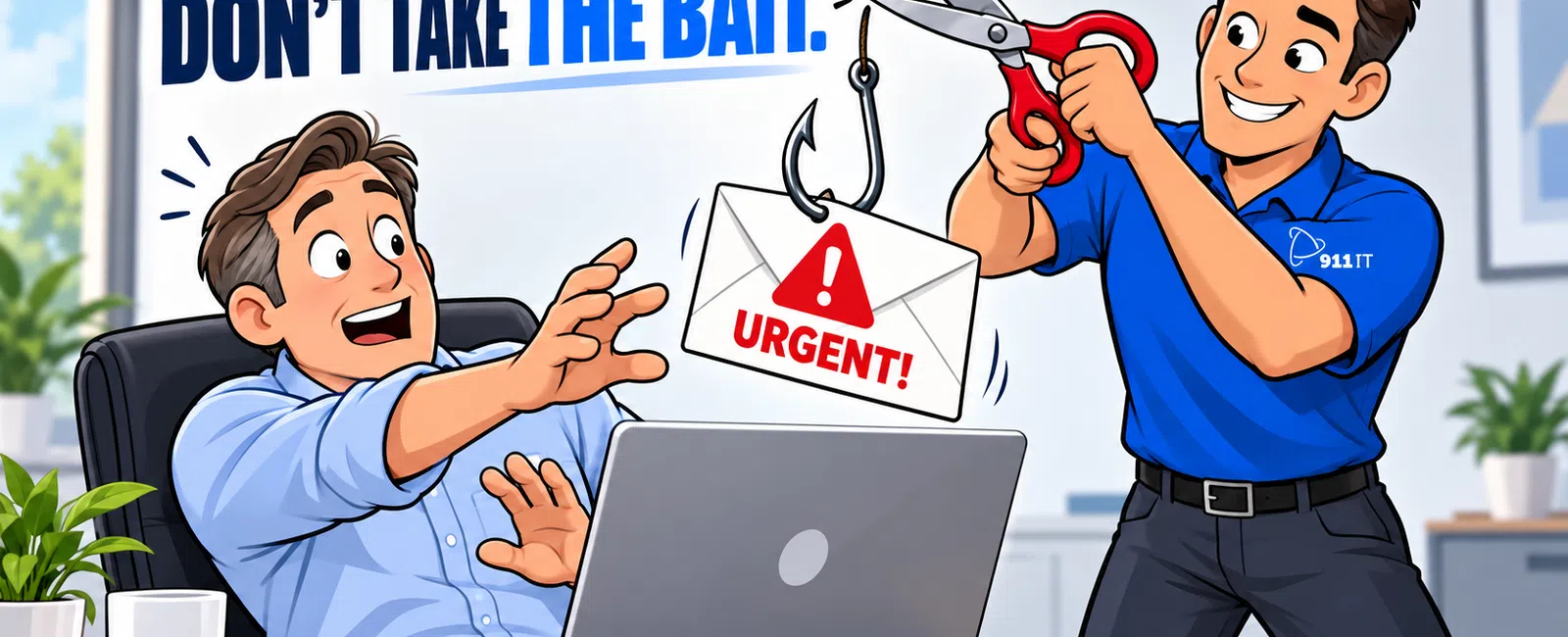 Man cuts fishing hook holding urgent phishing email to prevent cyber attack with text don't take the bait.