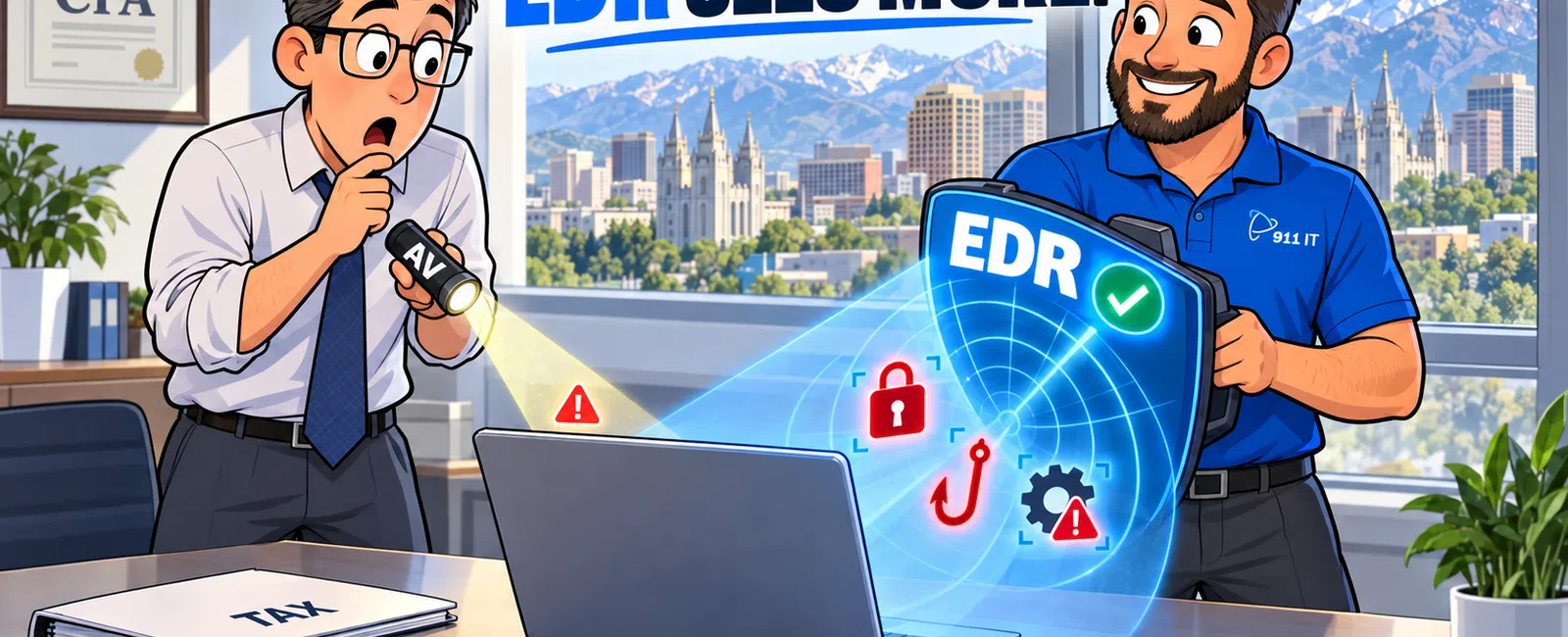 Two professionals in an office use EDR software to reveal hidden cyber threats on a laptop with a city skyline background.