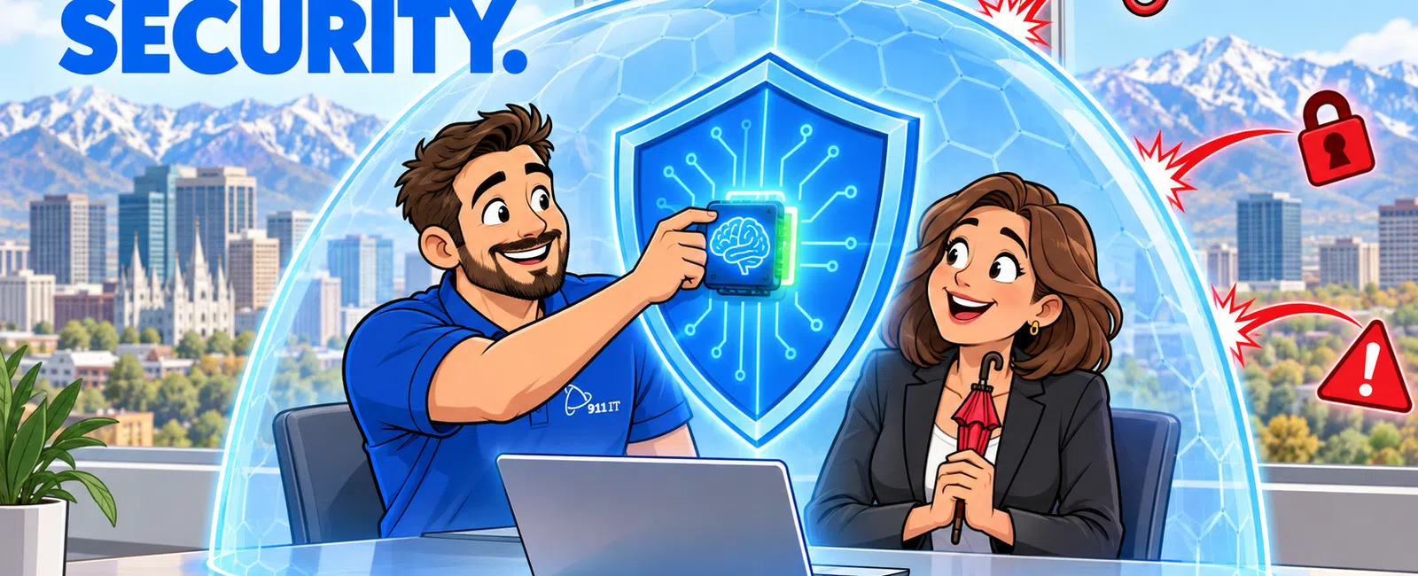 Two professionals inside a digital shield dome symbolizing cybersecurity and protection from online threats in an office setting.