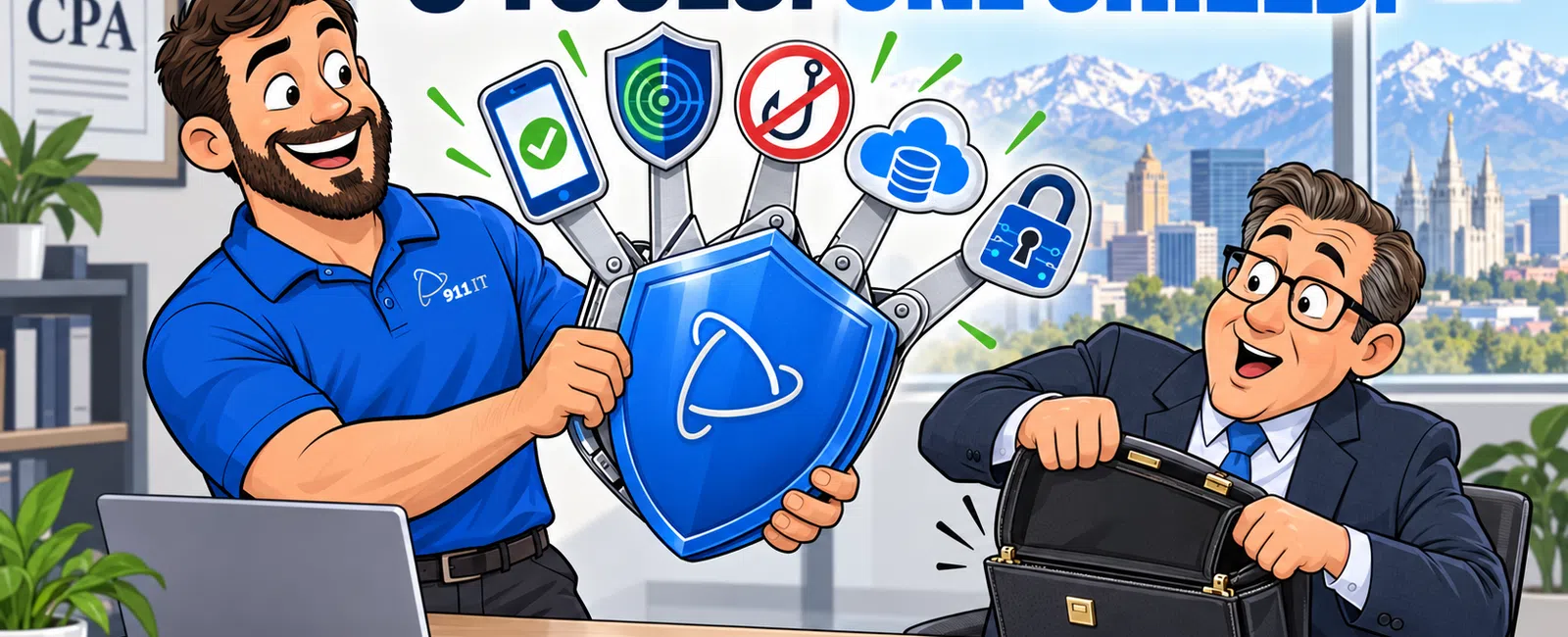 IT professional shows a shield with 5 cybersecurity tools protecting a businessman with open briefcase in office.