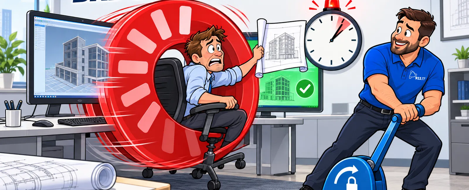 Frustrated man trapped in loading wheel with building plans while another man pulls a lever to stop delays and improve support.