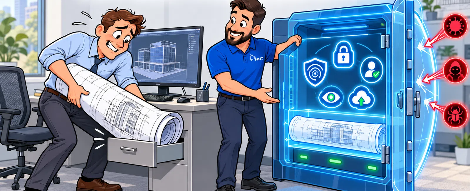 Two men securing architectural blueprints inside a high-tech digital safe to protect from cyber threats.
