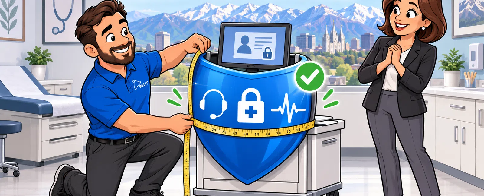 Man measuring a large blue shield with support and security icons as a woman watches in a modern office.