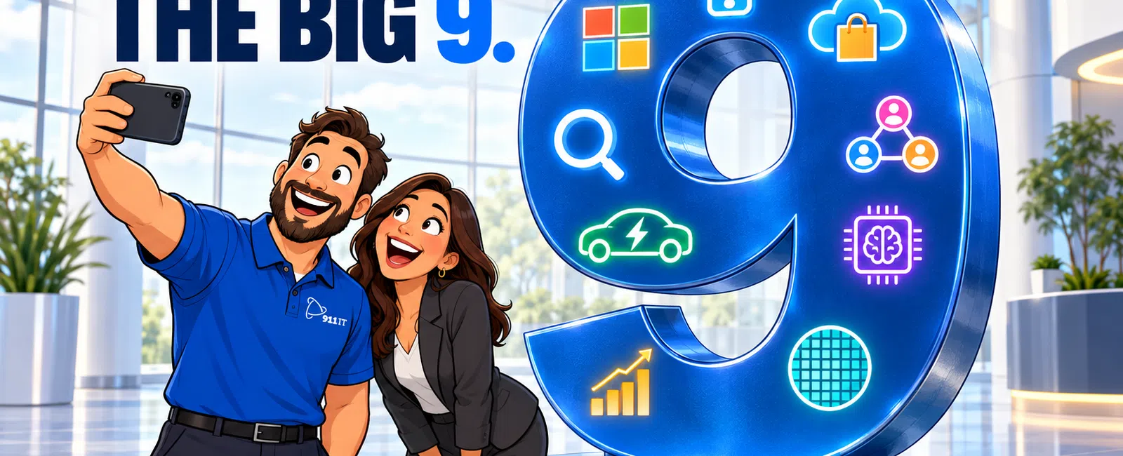Two people taking a selfie beside a large blue number 9 with colorful technology icons inside, titled The Big 9.