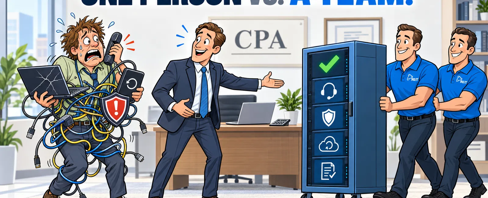 Cartoon showing one stressed person tangled in cables versus a confident team pushing organized server rack in office.