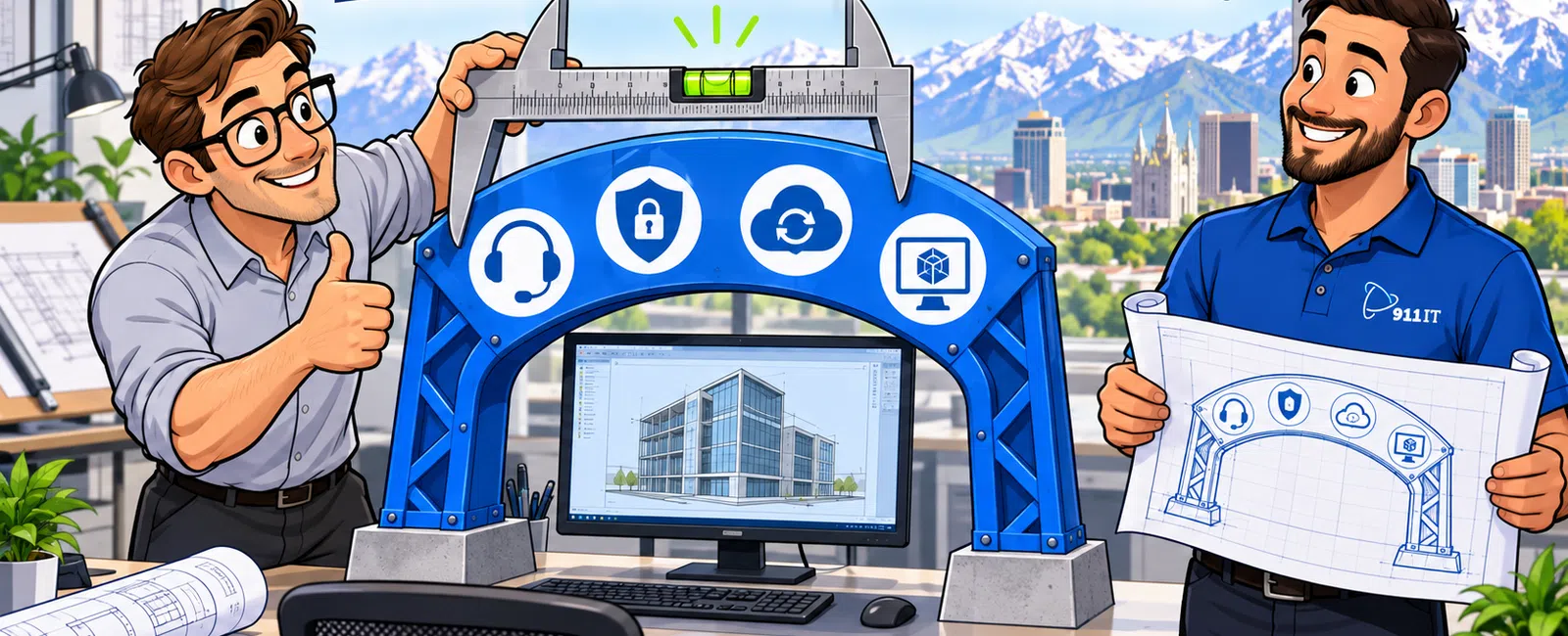 Engineers showcasing a digital design and blueprint of a blue arch with security and cloud icons, set in an office with mountain views.