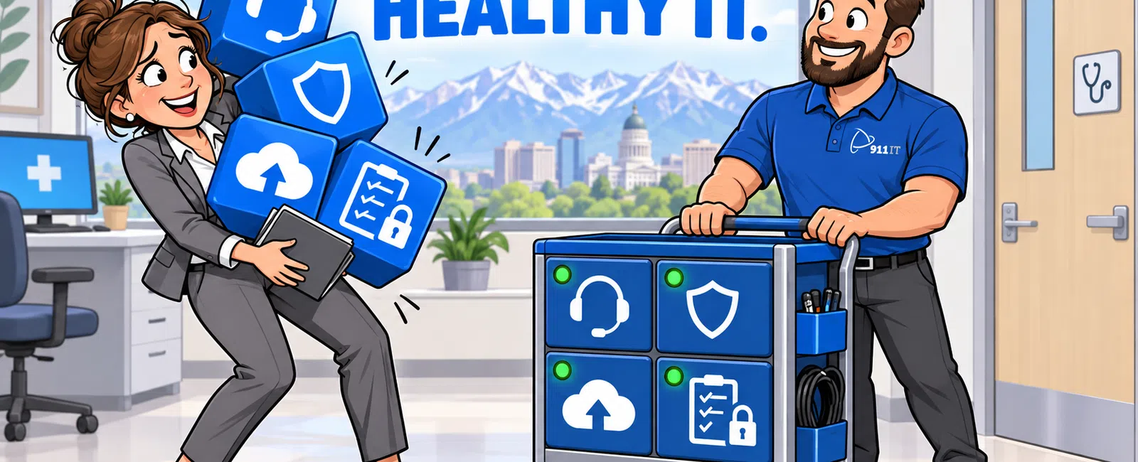 Two IT professionals in an office managing icons of cloud, security, support, and compliance for healthy IT.