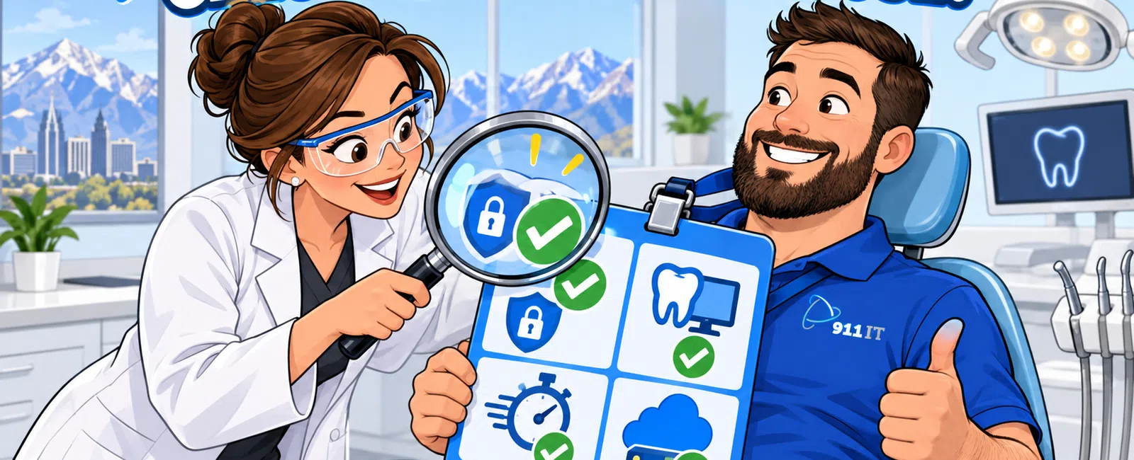 Dentist and patient in dental office checking security, speed, and cloud icons with thumbs up sign.