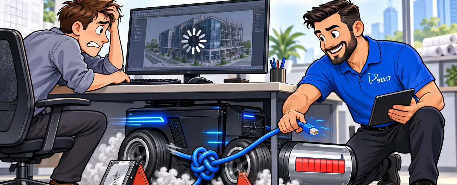 Frustrated man waits for CAD file to load while technician fixes slow computer with USB cable knot.