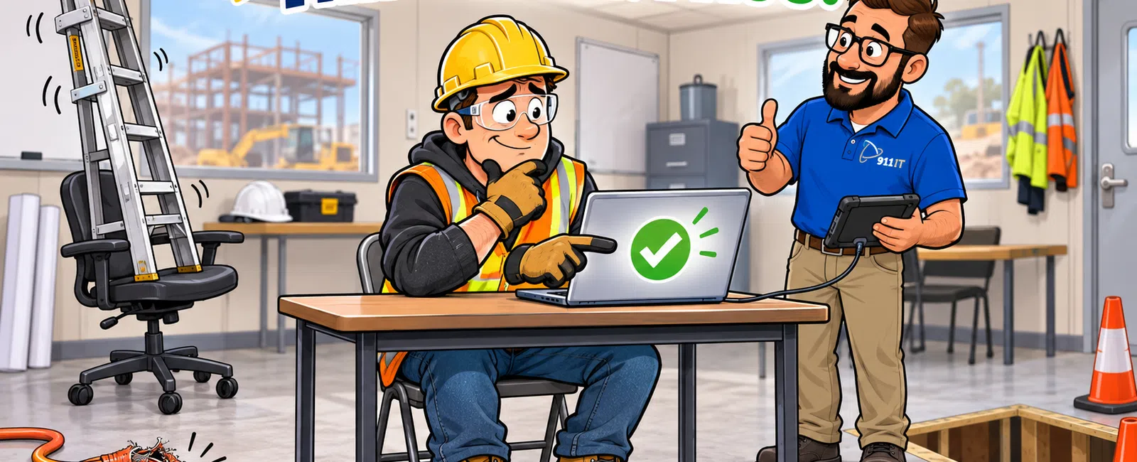 Construction workers in safety gear in an office with safety hazards like a broken cable and open floor hole.