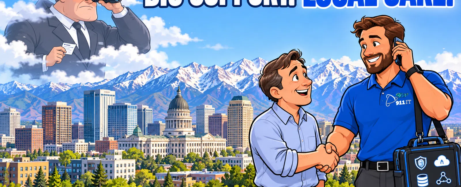 Two men shaking hands with a city skyline and mountains behind, text says big support local care.
