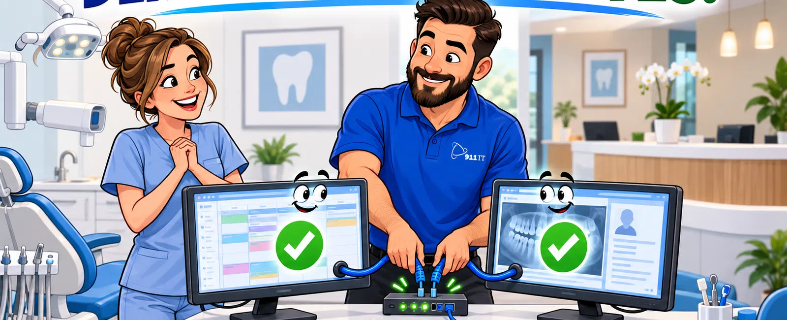 Dentist and IT specialist connect dental software on dual screens with happy faces and green checkmarks in clinic.