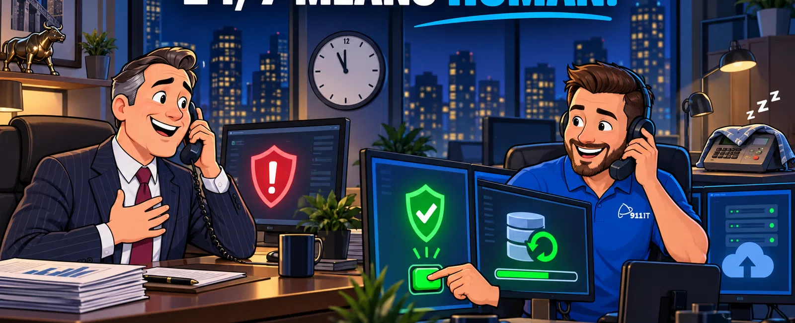Two professionals at night in an office with computer security alerts and the text 24/7 means human.
