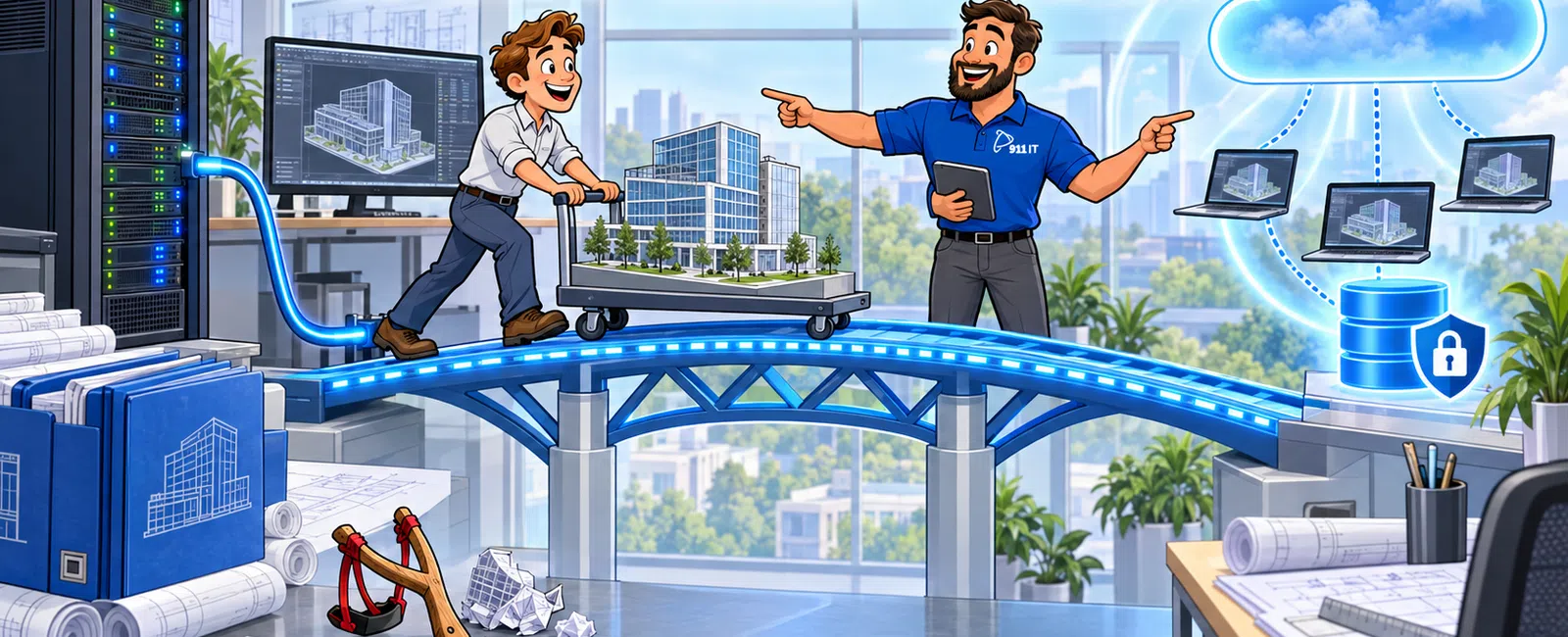 Illustration showing local server and cloud storage integration with architectural models on a futuristic bridge.