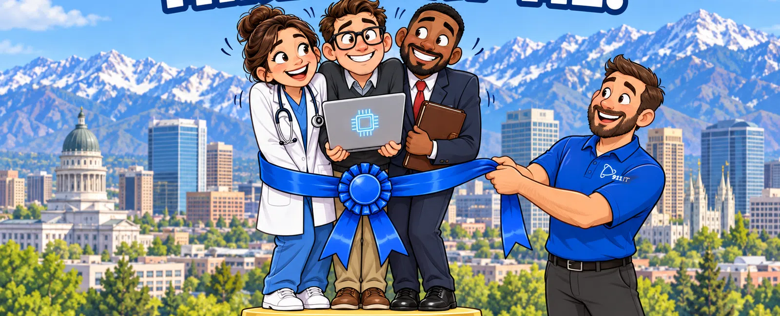 Three professionals tied together by a giant blue ribbon with a city and mountains in the background under text three-way tie