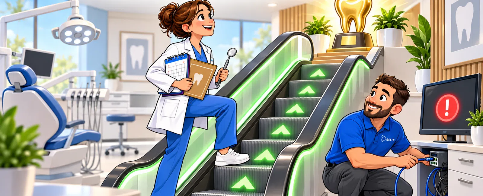 Dentist in lab coat walking up escalator with dental tools and technician fixing computer in dental office.
