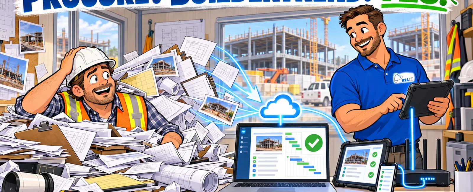 Construction worker overwhelmed by papers contrasts with digital project management on laptop and tablet at building site.