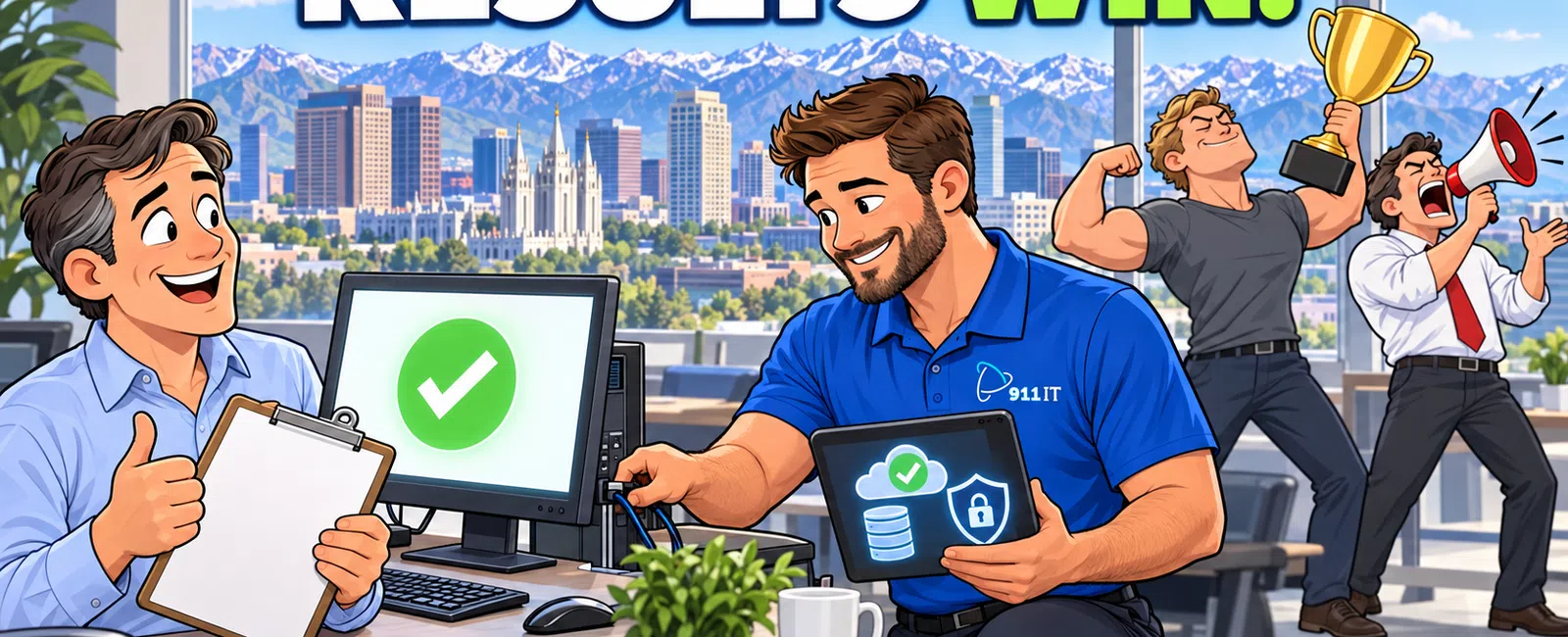 Office celebration of teamwork and success with digital devices showing security and approval icons indoors.