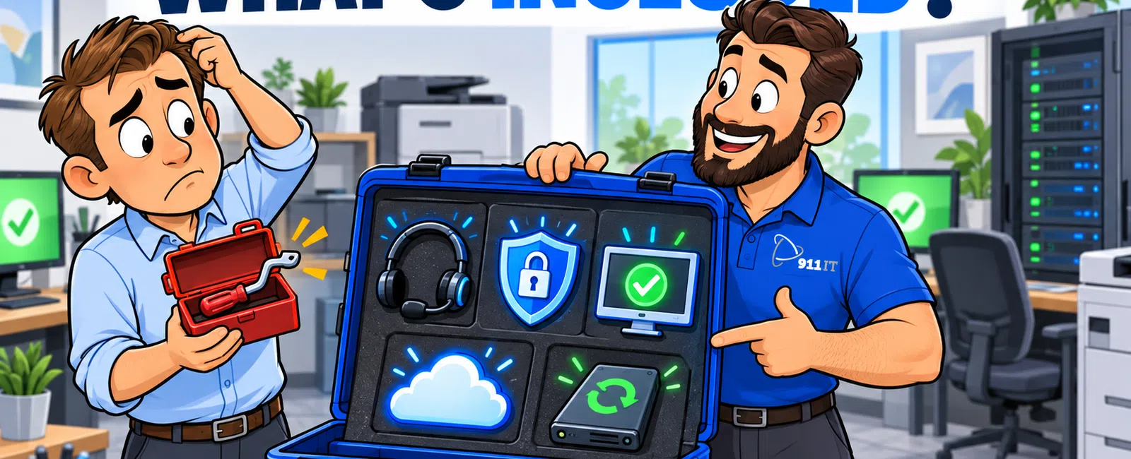Tech professional showing a case with security, cloud, backup, and support icons to a confused colleague in office.