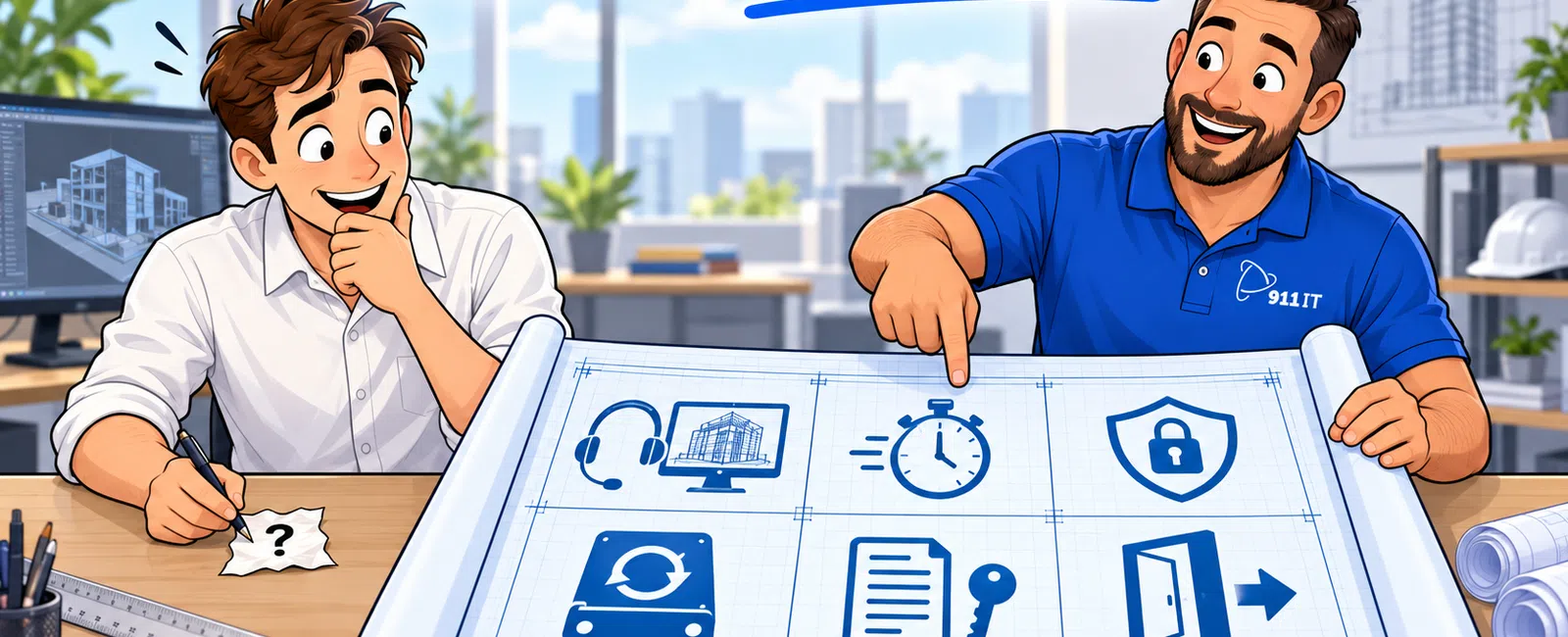 Two men examining a blueprint with IT and security icons in a modern office setting.