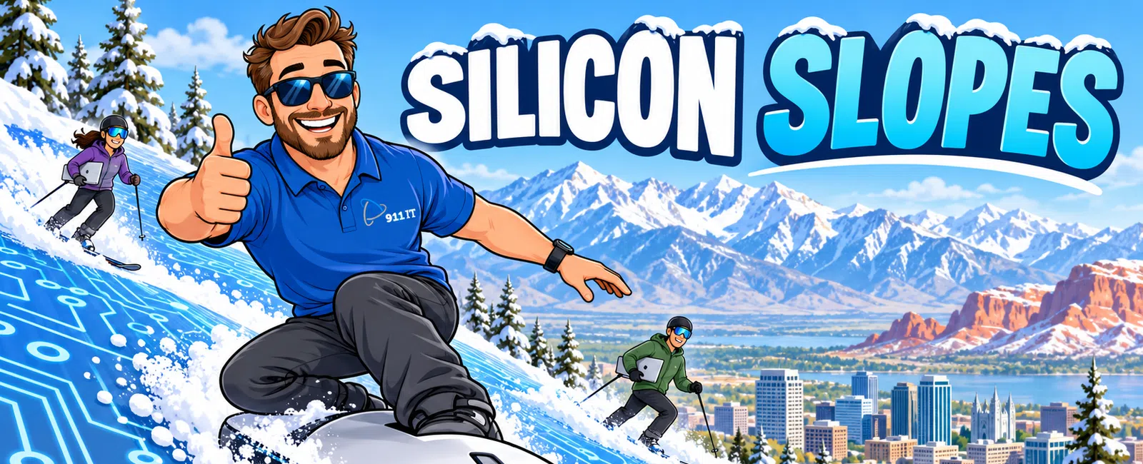 Man snowboarding on a computer mouse with others skiing down a snowy slope, mountains, and cityscape in background.