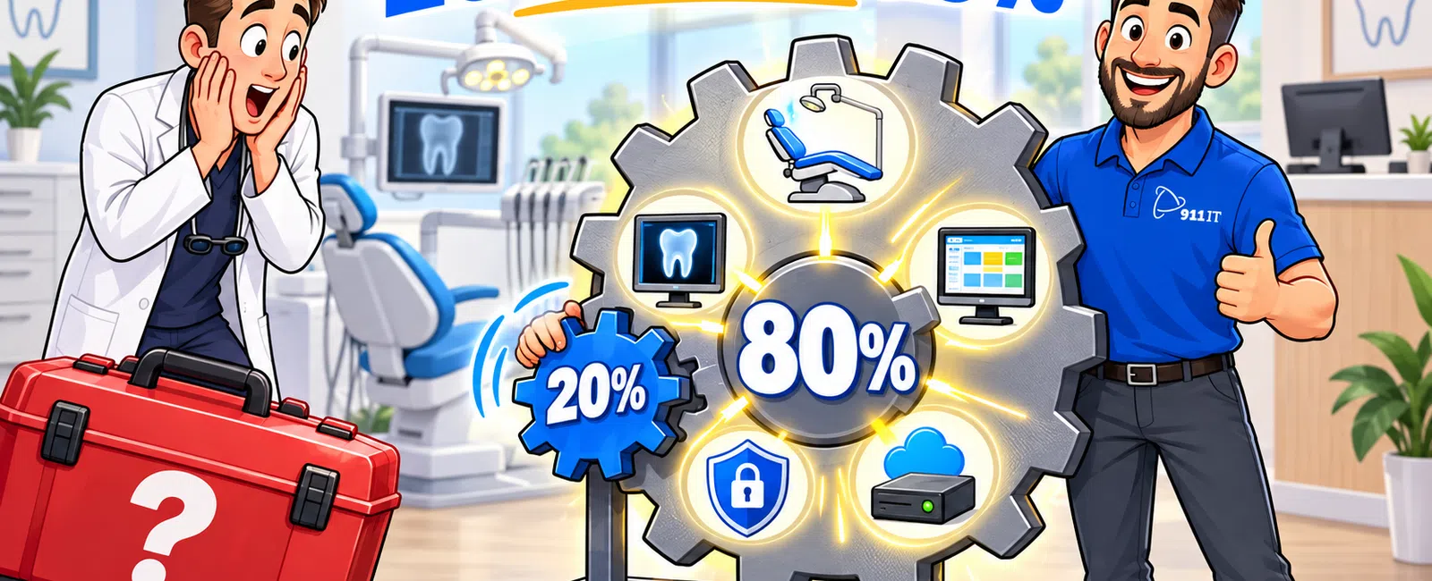 Dental office scene with two men, a large gear showing 20% driving 80% with dental and IT icons.