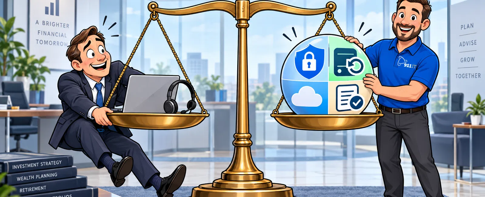Businessman and technician balancing a scale symbolizing IT balance and protection with security icons in office.