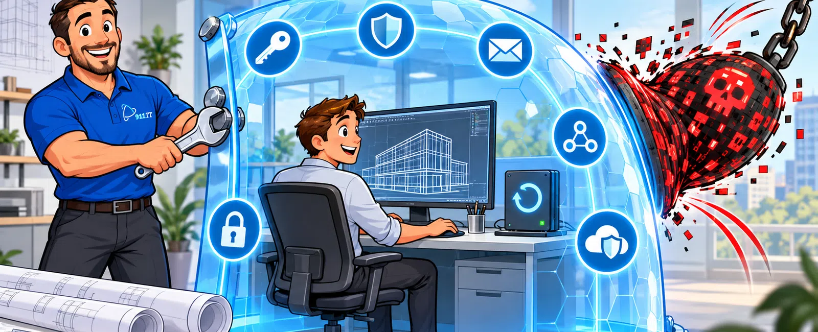 Engineer secures digital architectural blueprints inside a protective dome as a wrecking ball attacks outside.