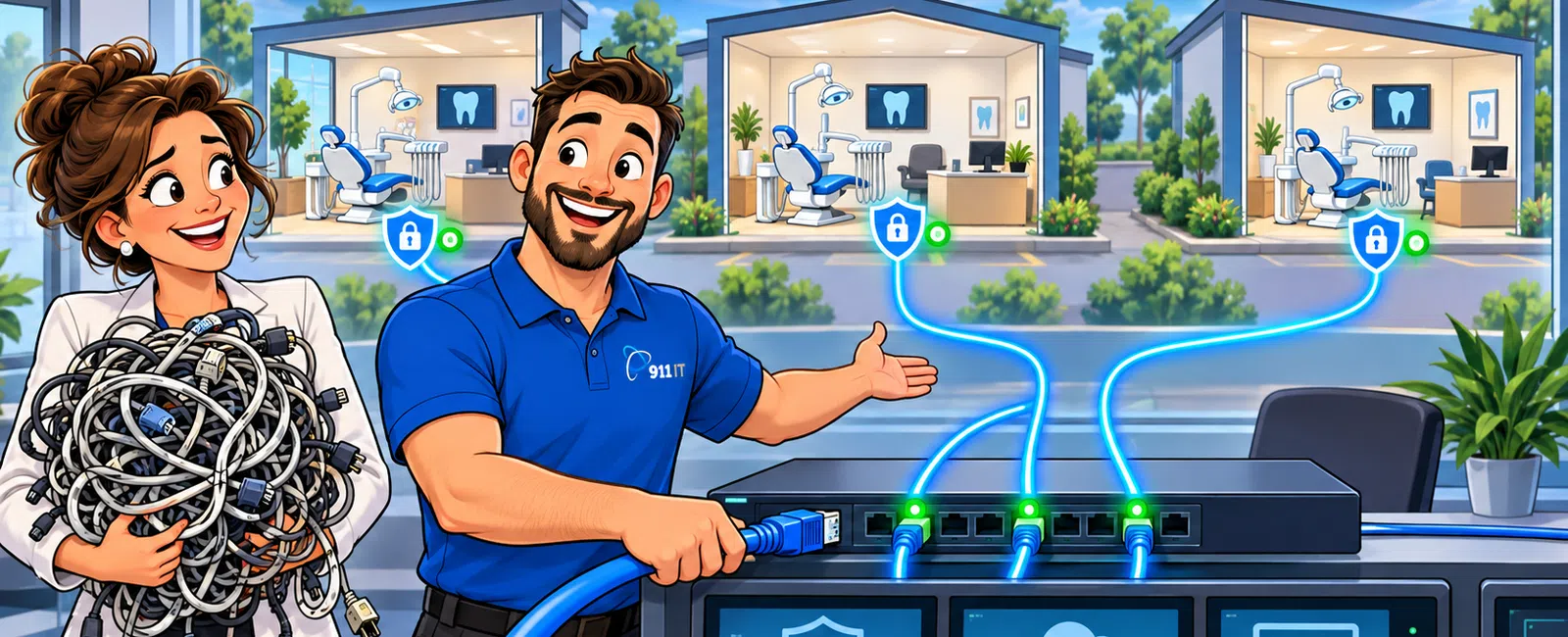 IT team connecting multiple dental offices with secure network and cloud technology under One Team, Every Location.