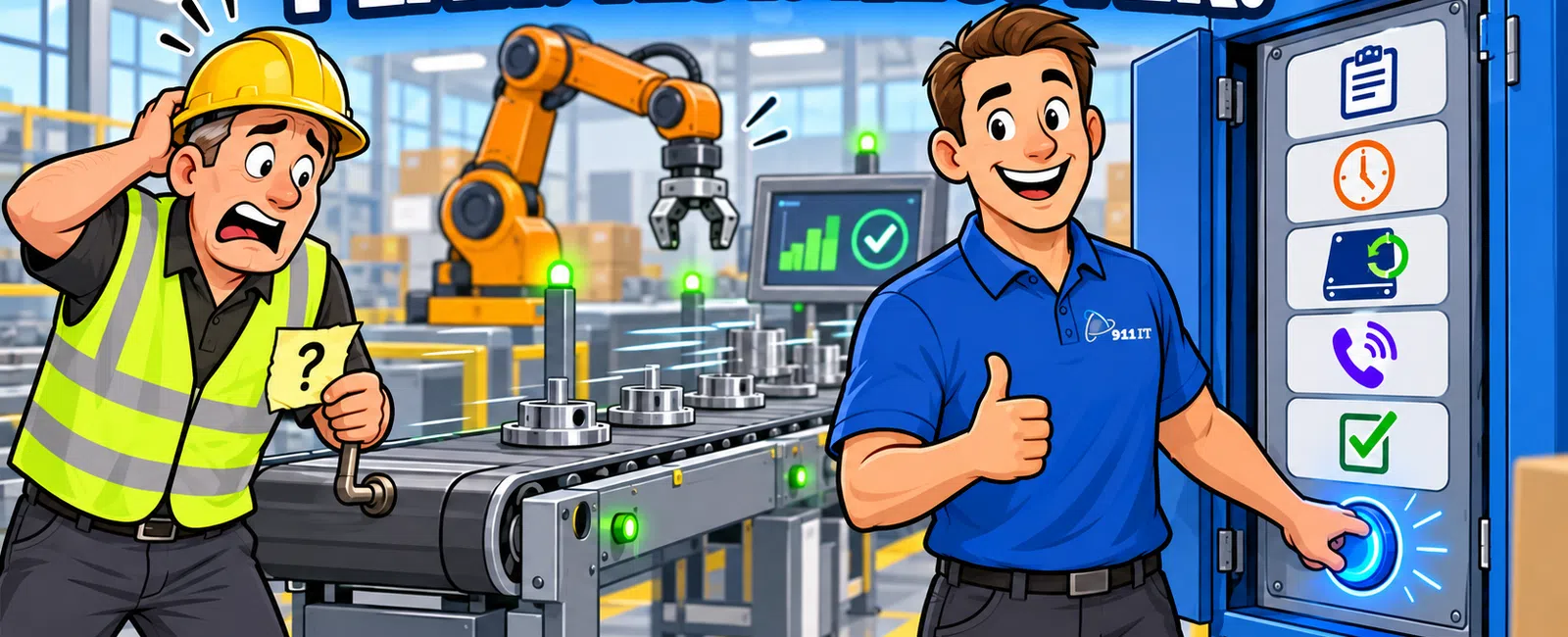 Factory worker looks worried while technician confidently operates machine labeled Plan Test Recover in industrial setting.