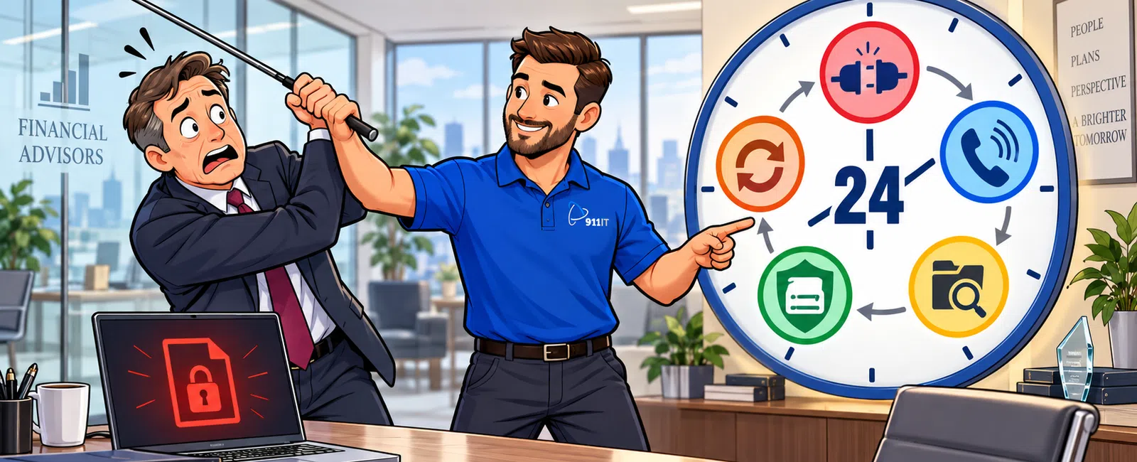 Tech expert helps a financial advisor stop a ransomware attack with a golf club in an office setting.