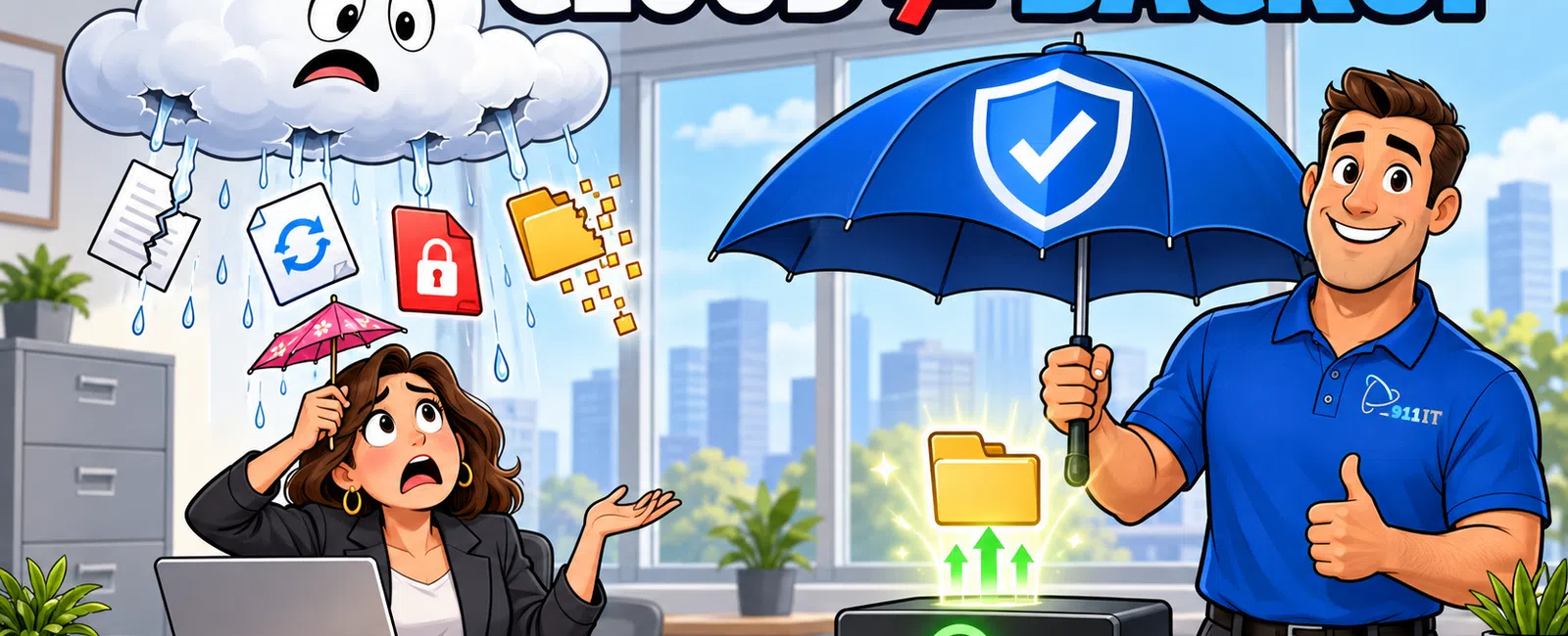 Illustration showing cloud with errors dripping on worried woman while man protects data backup with umbrella indoors.