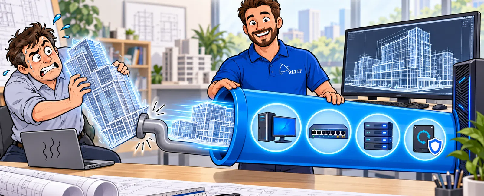 Cartoon shows man easing large digital building files through a tube illustrating IT solutions for big models.