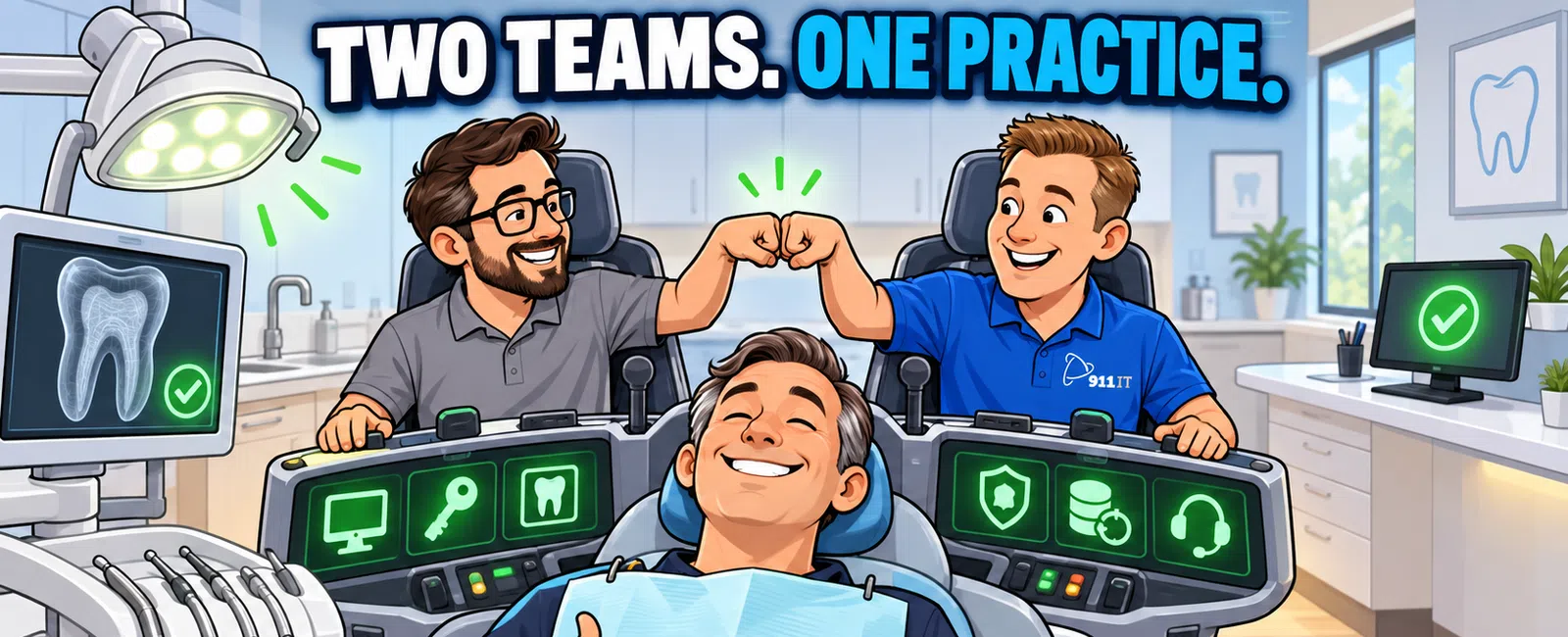 Two dental professionals fist bump over a smiling patient in a modern dental office setting.