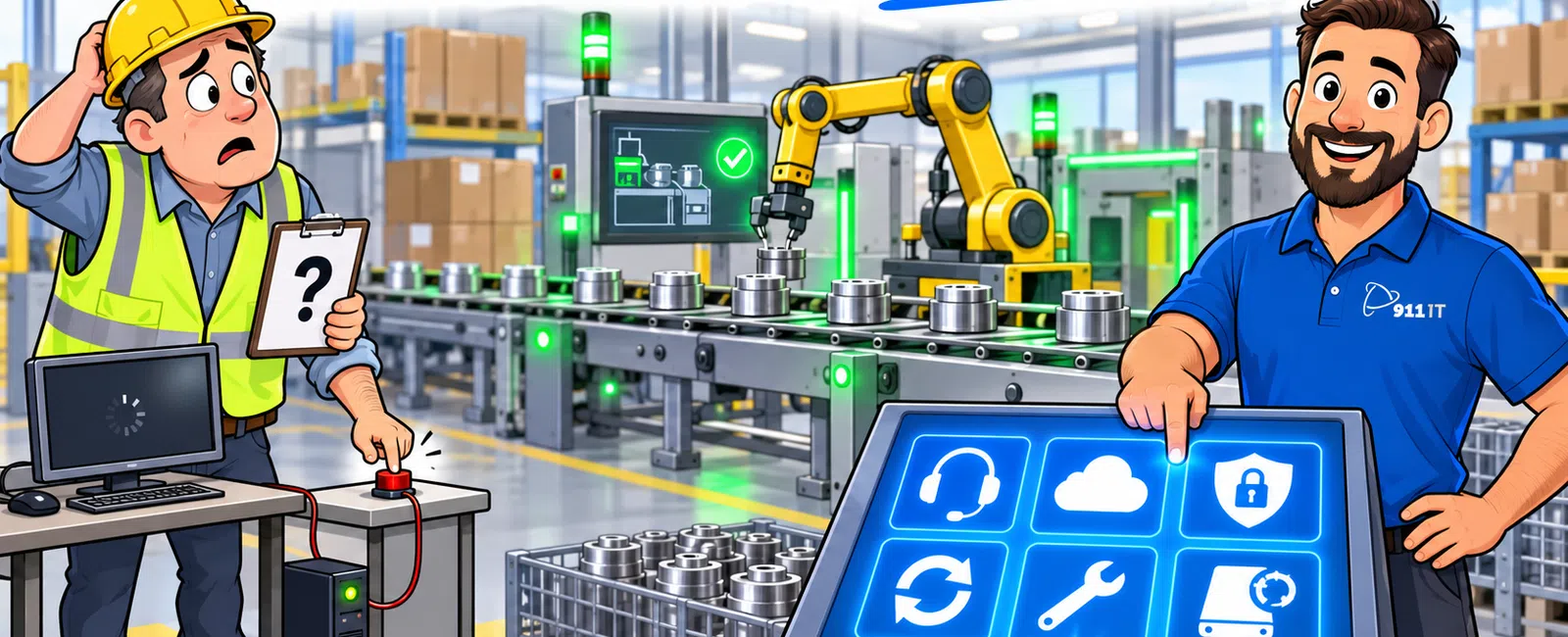 Factory worker confused by malfunctioning computer system while technician operates advanced control panel in factory
