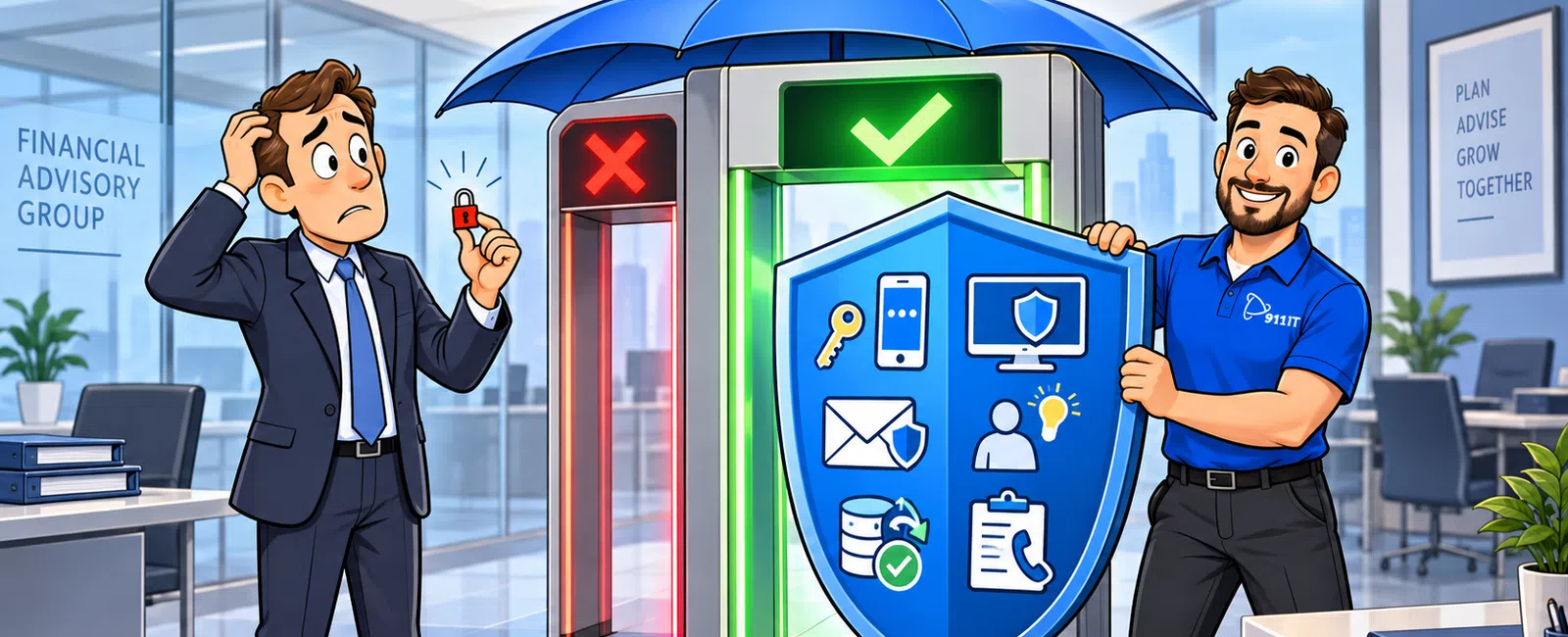 Man in business suit confused with locked red gate, another man in blue shirt holds shield under umbrella at secure green gate.