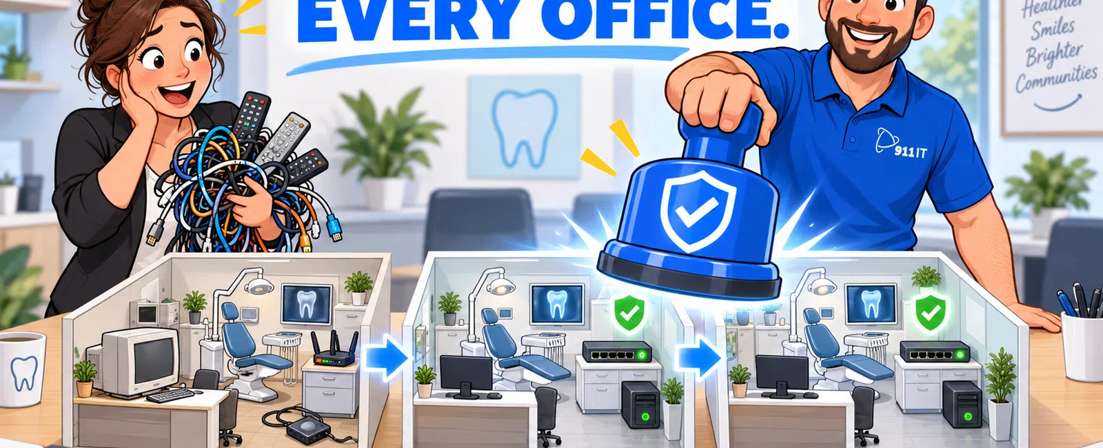 Illustrated office upgrade showing tangled cables cleaned and secured systems with dental office theme and two happy people.