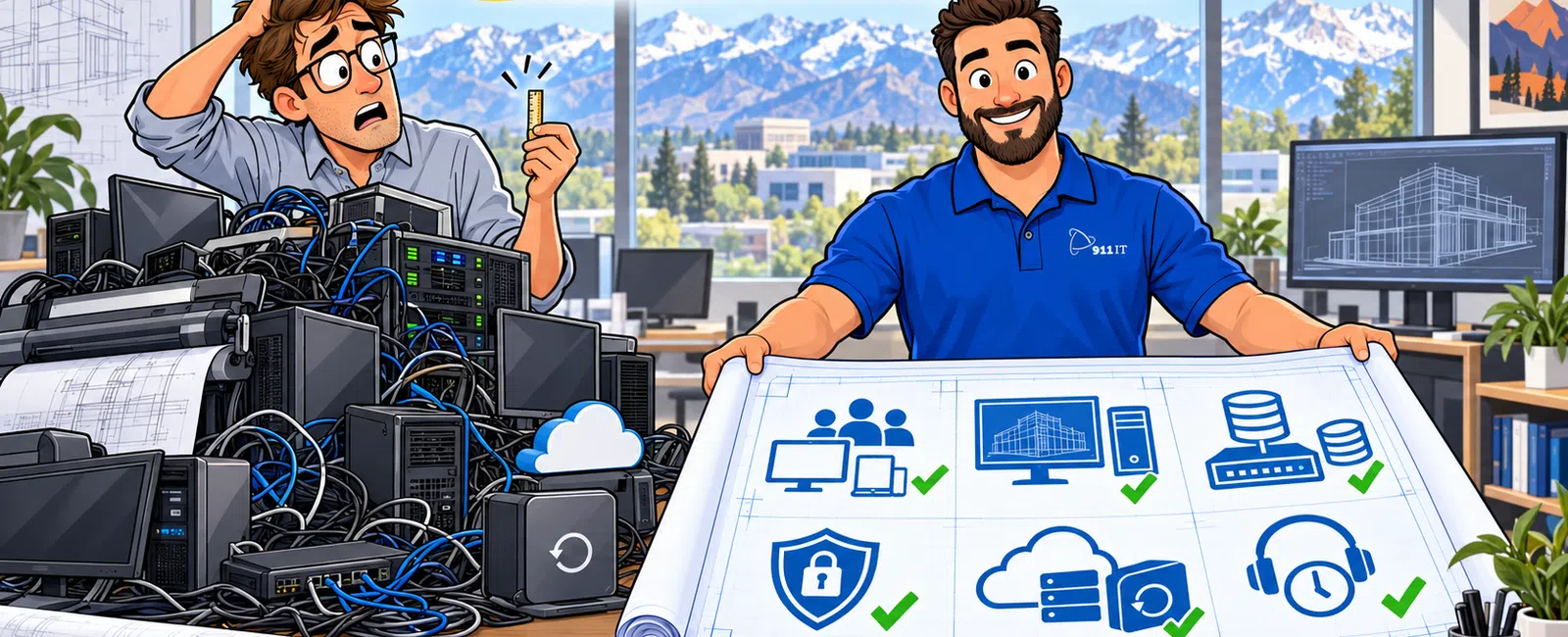 Two men in an office with IT equipment and blueprints illustrating clear planning and scope management.