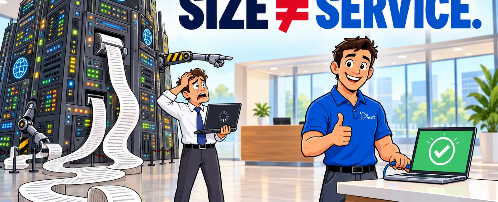 Cartoon comparing poor service from large complex servers to efficient service from a happy technician with a laptop.