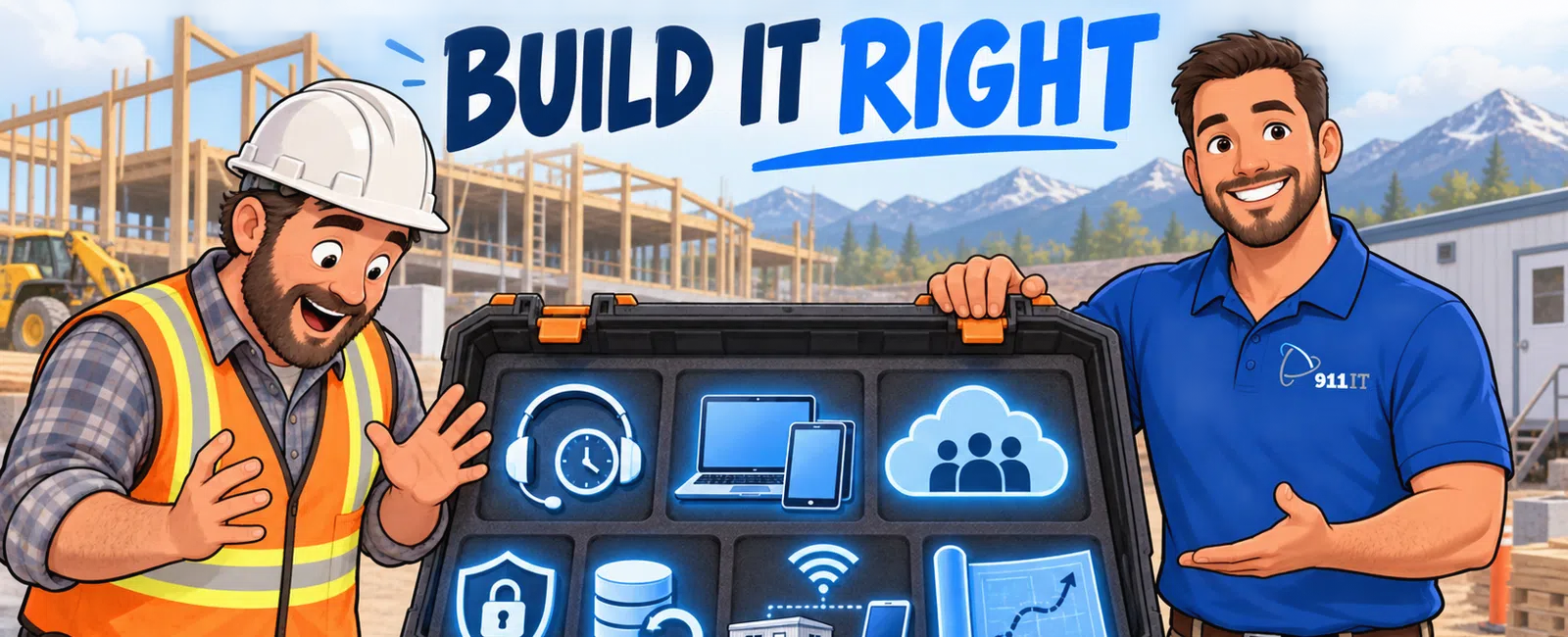 Construction worker and tech specialist showcase digital tools in a case with Build It Right text at a construction site.