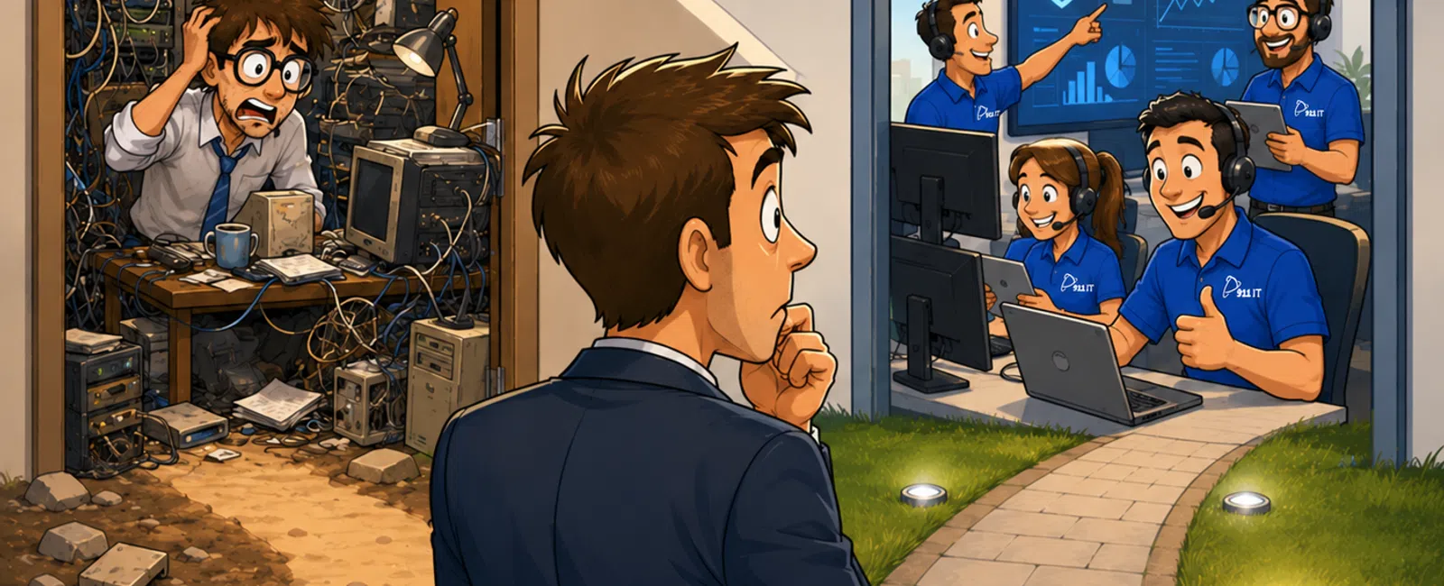 Man in suit contemplates messy server room vs. organized, efficient support team in blue shirts at tech company office.