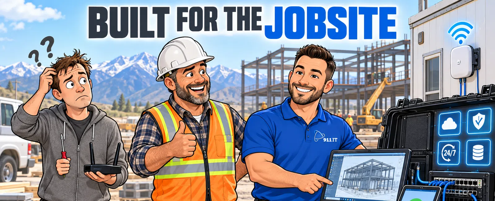 Construction workers and IT technician at jobsite with laptop, tablet, network equipment, and wireless signal icon.
