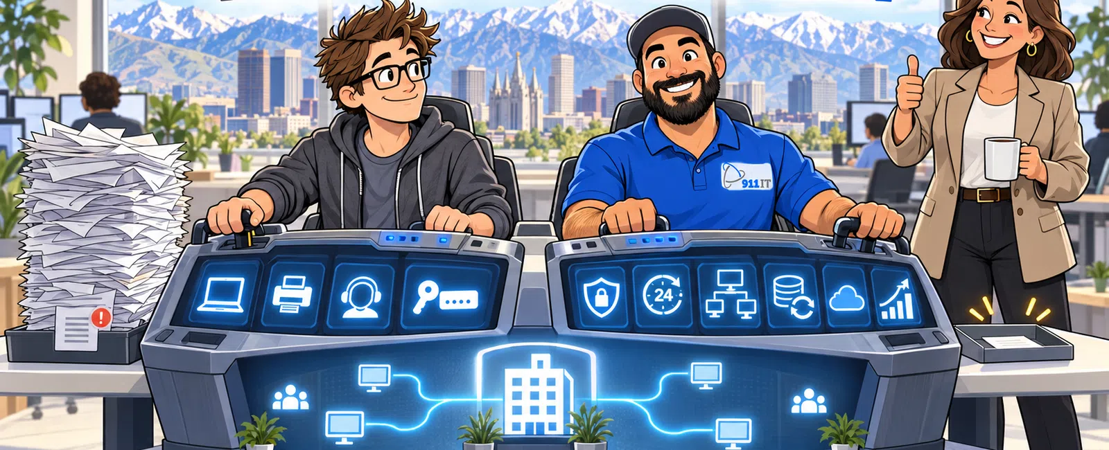 Smiling IT team working together with high-tech control panels and cityscape background, emphasizing collaboration.