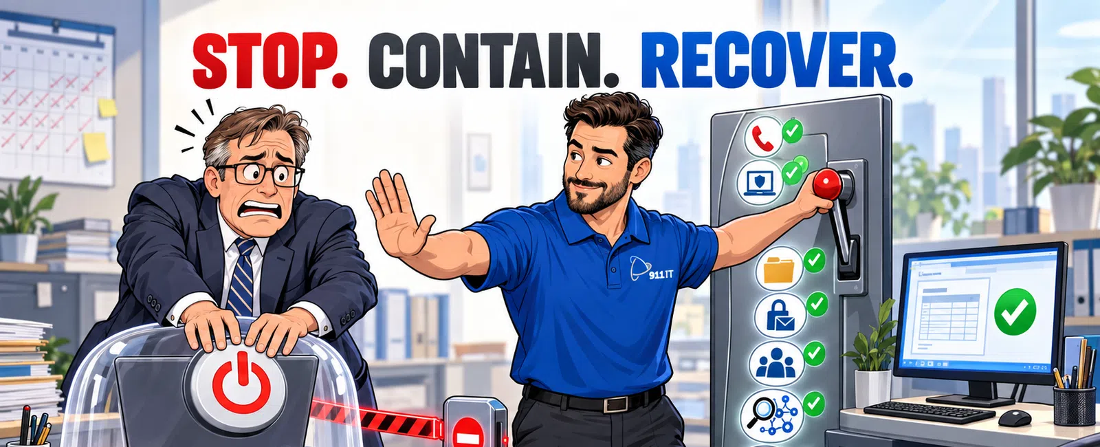 Man in blue stops another man from accessing laptop with containment shield and recovery icons in office.