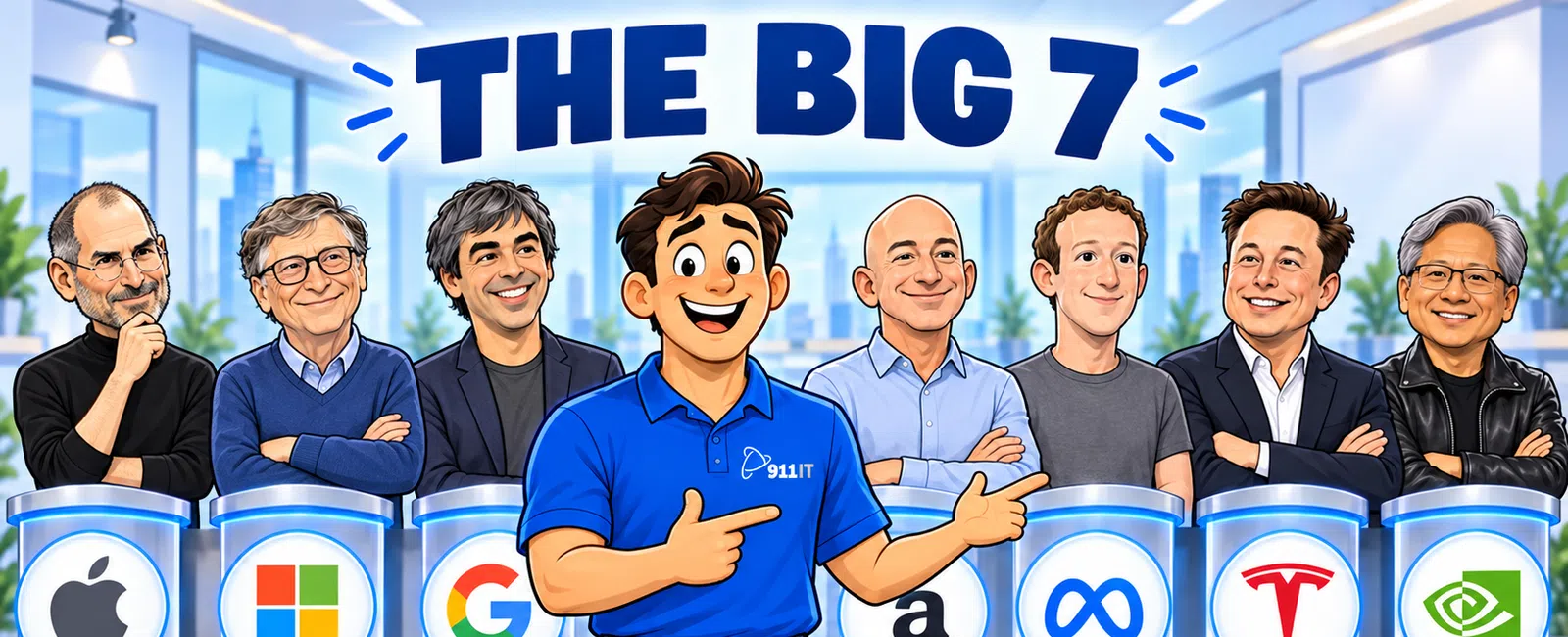 Cartoon showing iconic tech leaders behind podiums with logos of Apple, Microsoft, Google, Amazon, Meta, Tesla, Nvidia.