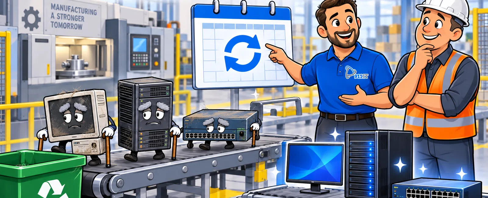 Technicians in a factory discuss replacing old computing equipment with new devices before failure, highlighting maintenance.